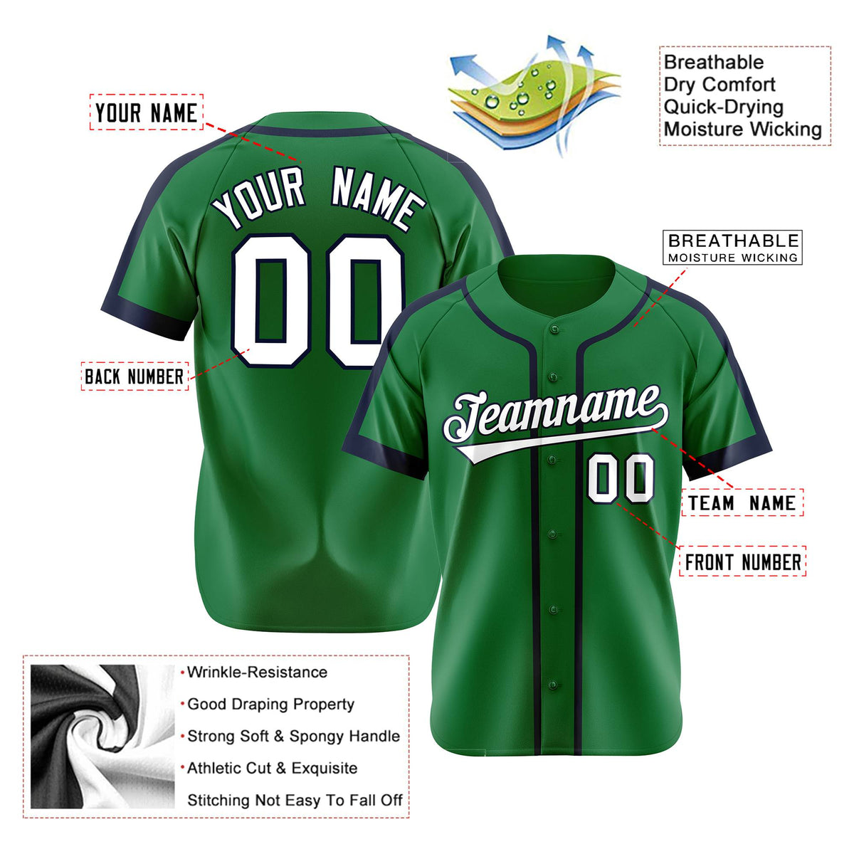 Custom Kelly Green Navy White Baseball Jersey