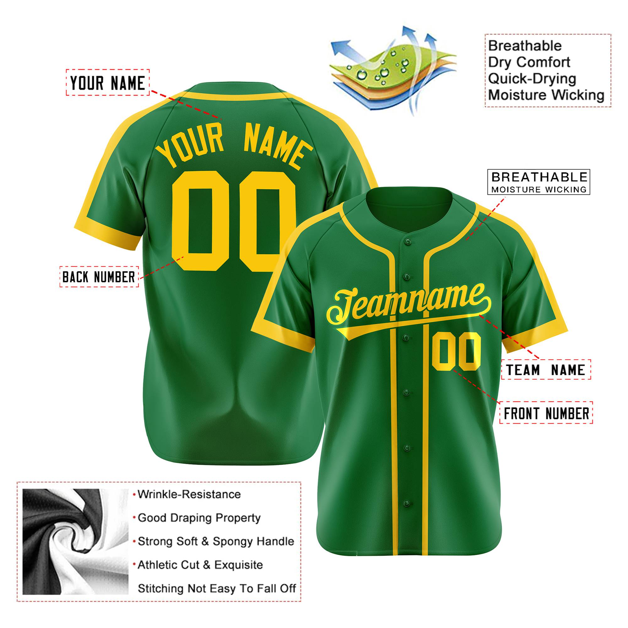 Custom Kelly Green Yellow Baseball Jersey