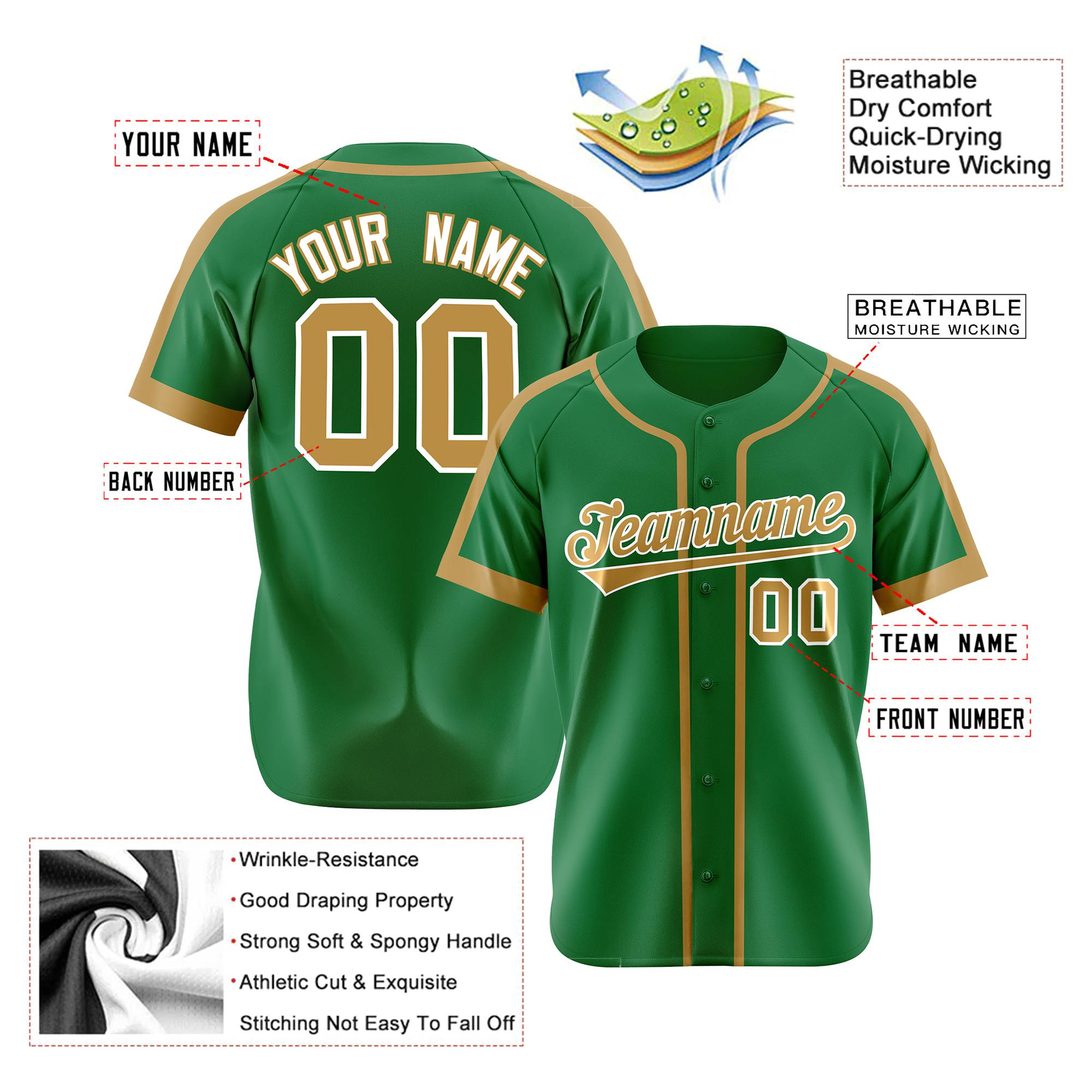 Custom Kelly Green Old Gold White Baseball Jersey