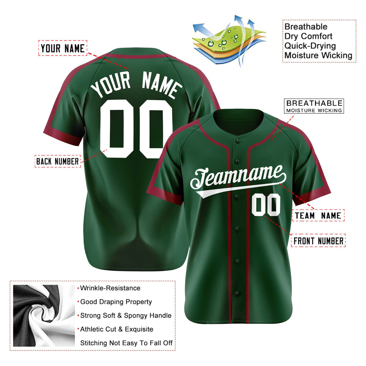 Custom Kelly Green Crimson White Baseball Jersey