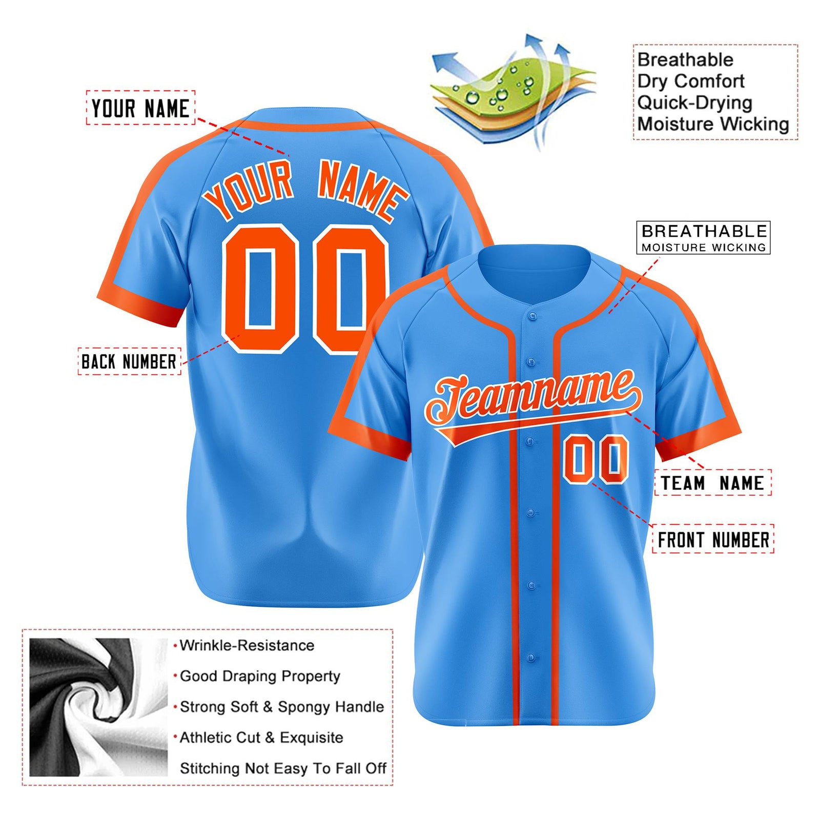 Custom Powder Blue Orange White Baseball Jersey