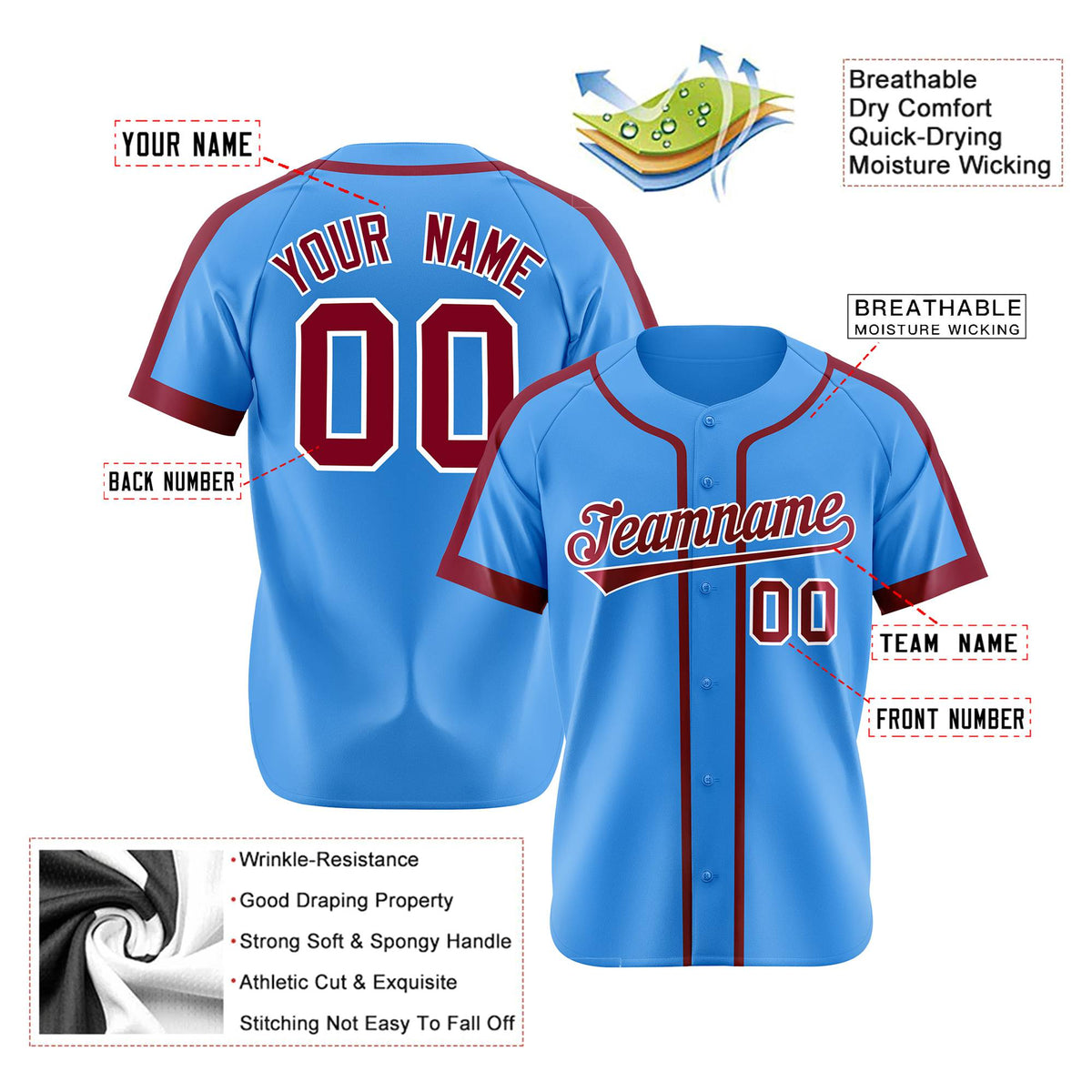 Custom Powder Blue Crimson White Baseball Jersey