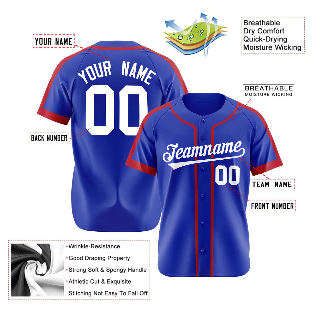 Custom Royal Blue Red White Baseball Jersey