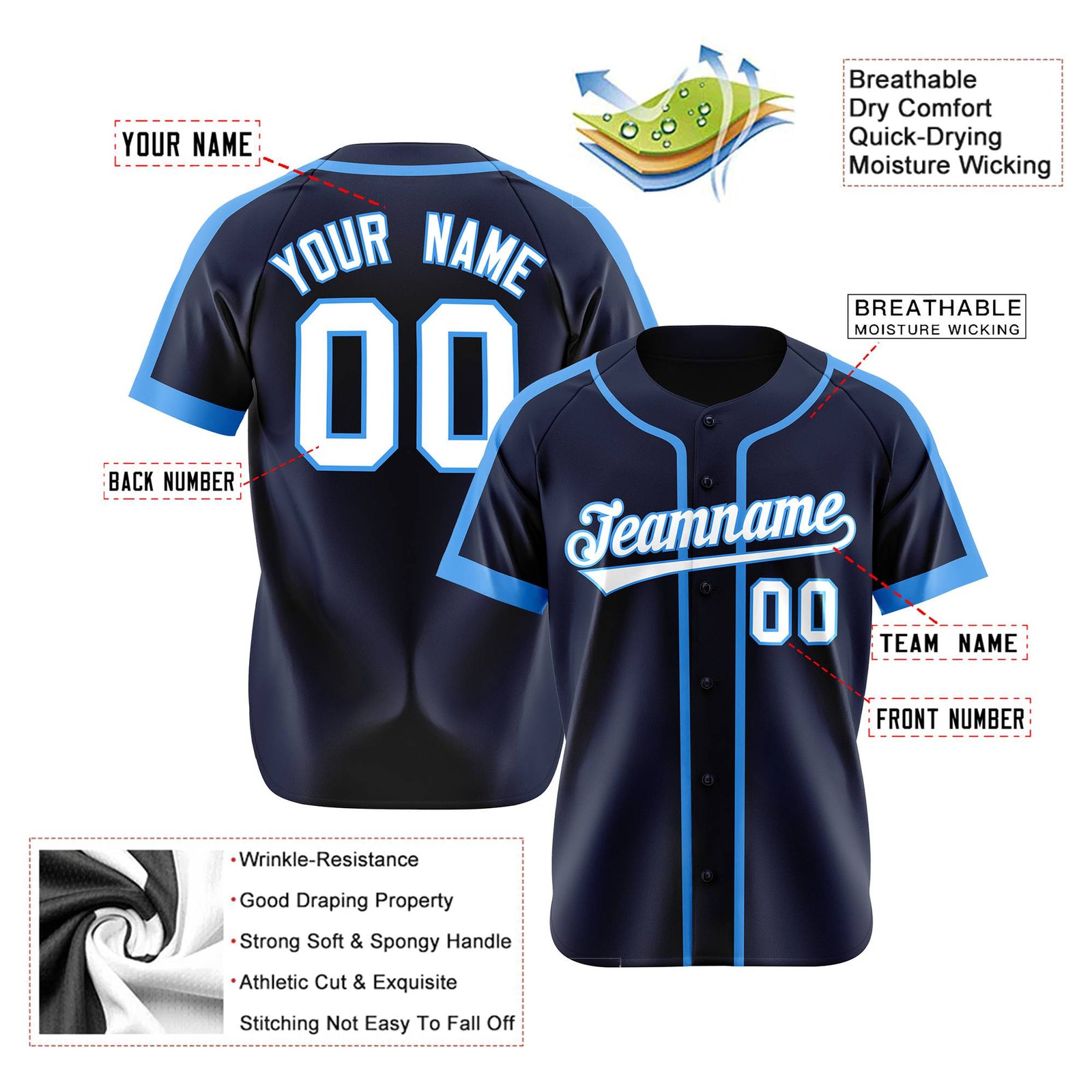 Custom Navy Light Bule White Baseball Jersey