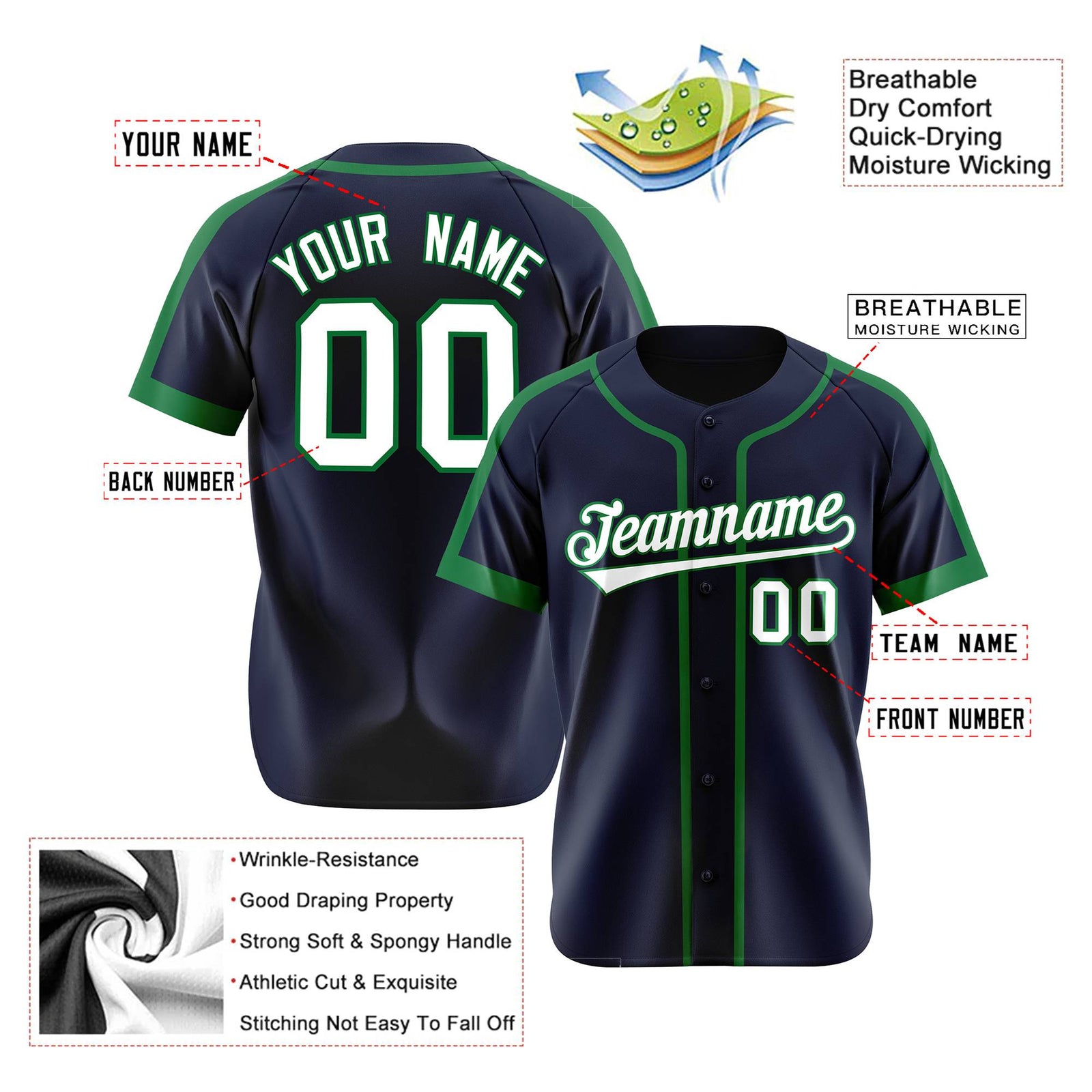 Custom Navy Green White Baseball Jersey