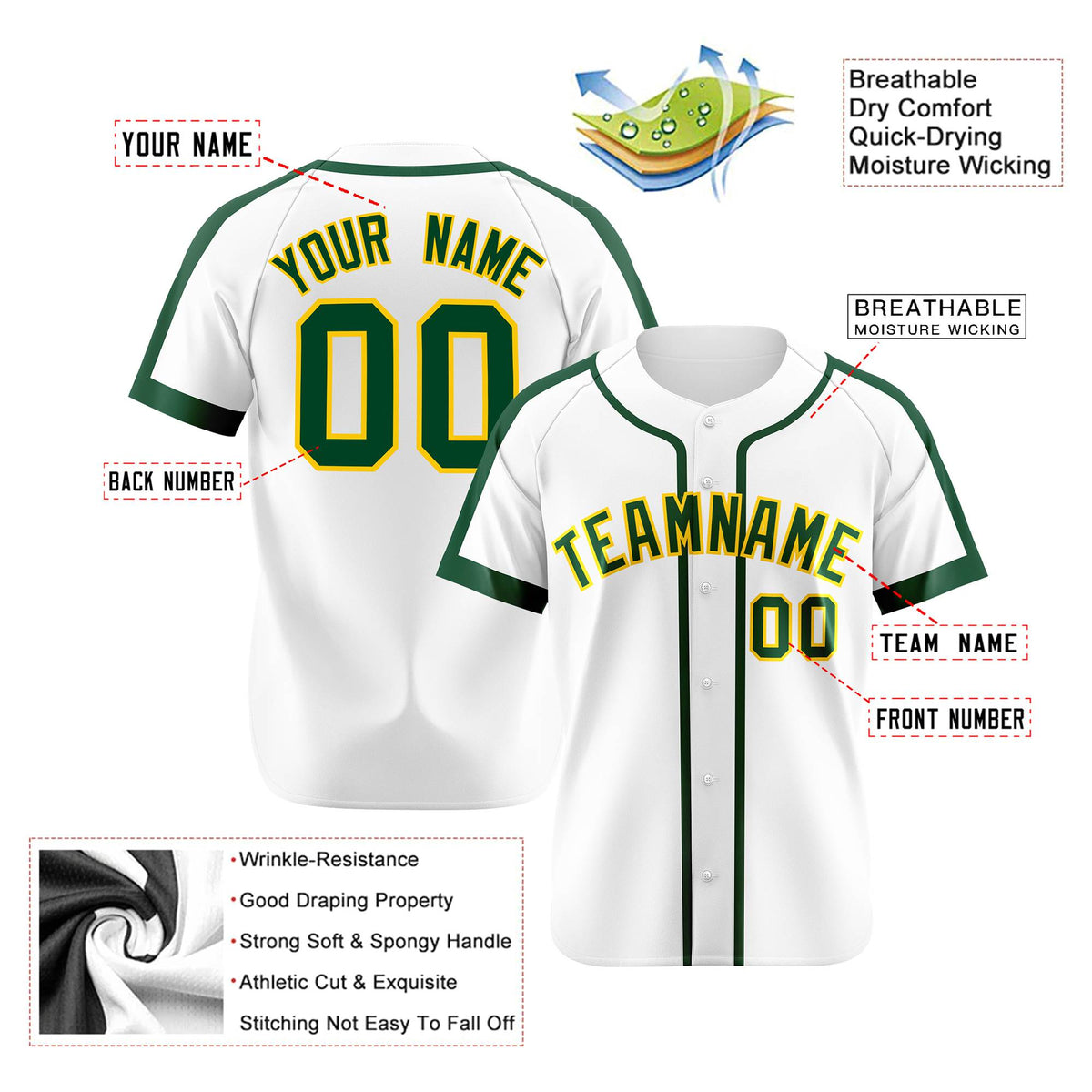 Custom White Green Baseball Jersey Personalized For Adults Youth