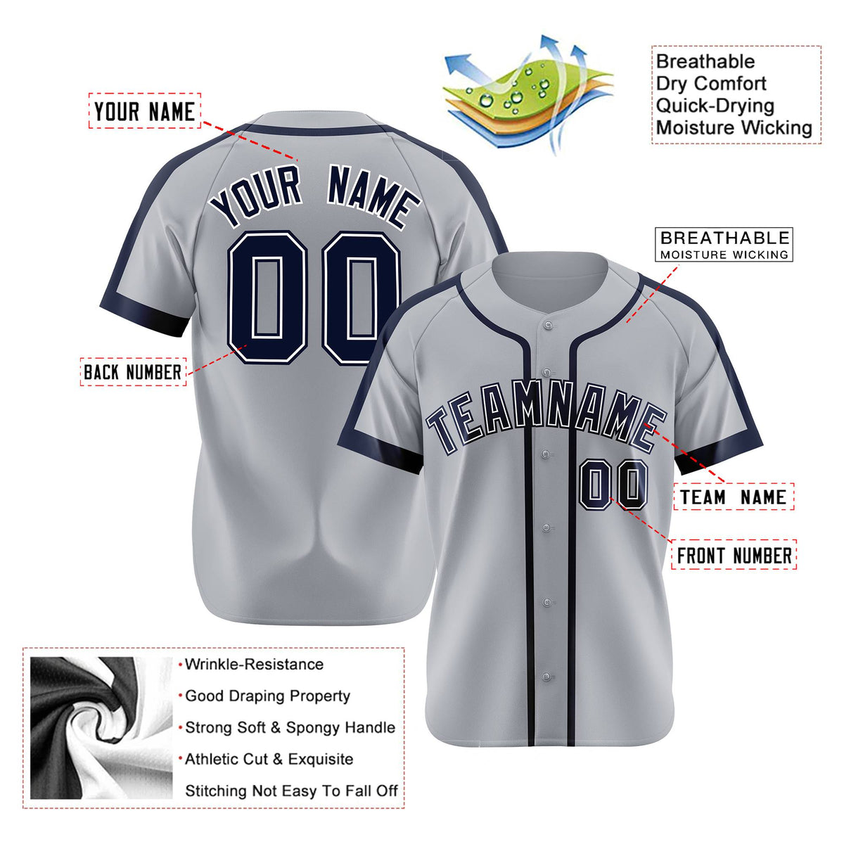 Custom Gray Navy White Baseball Jersey Personalized For Adults Youth