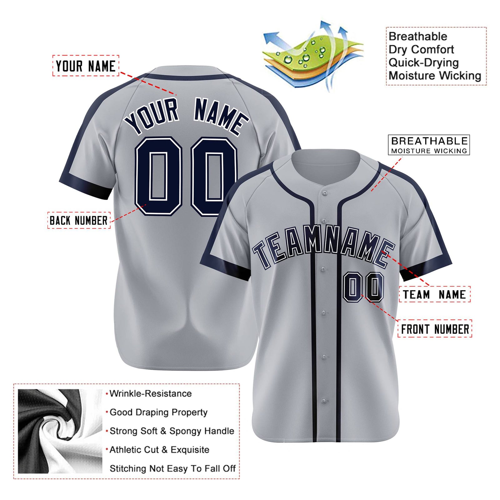 Custom Gray Navy White Baseball Jersey Personalized For Adults Youth