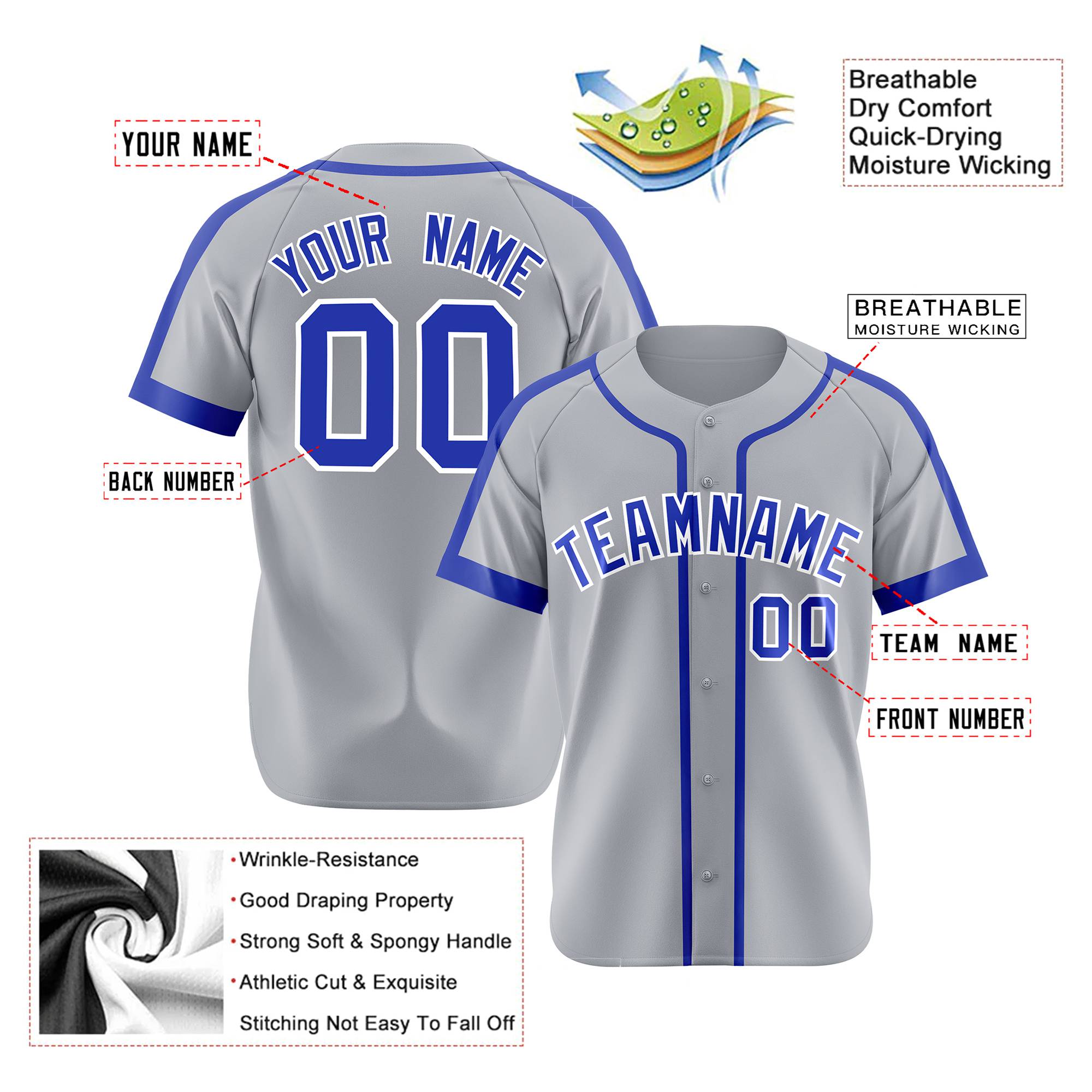 Custom Gray Royal Blue White Baseball Jersey Personalized For Adults Youth