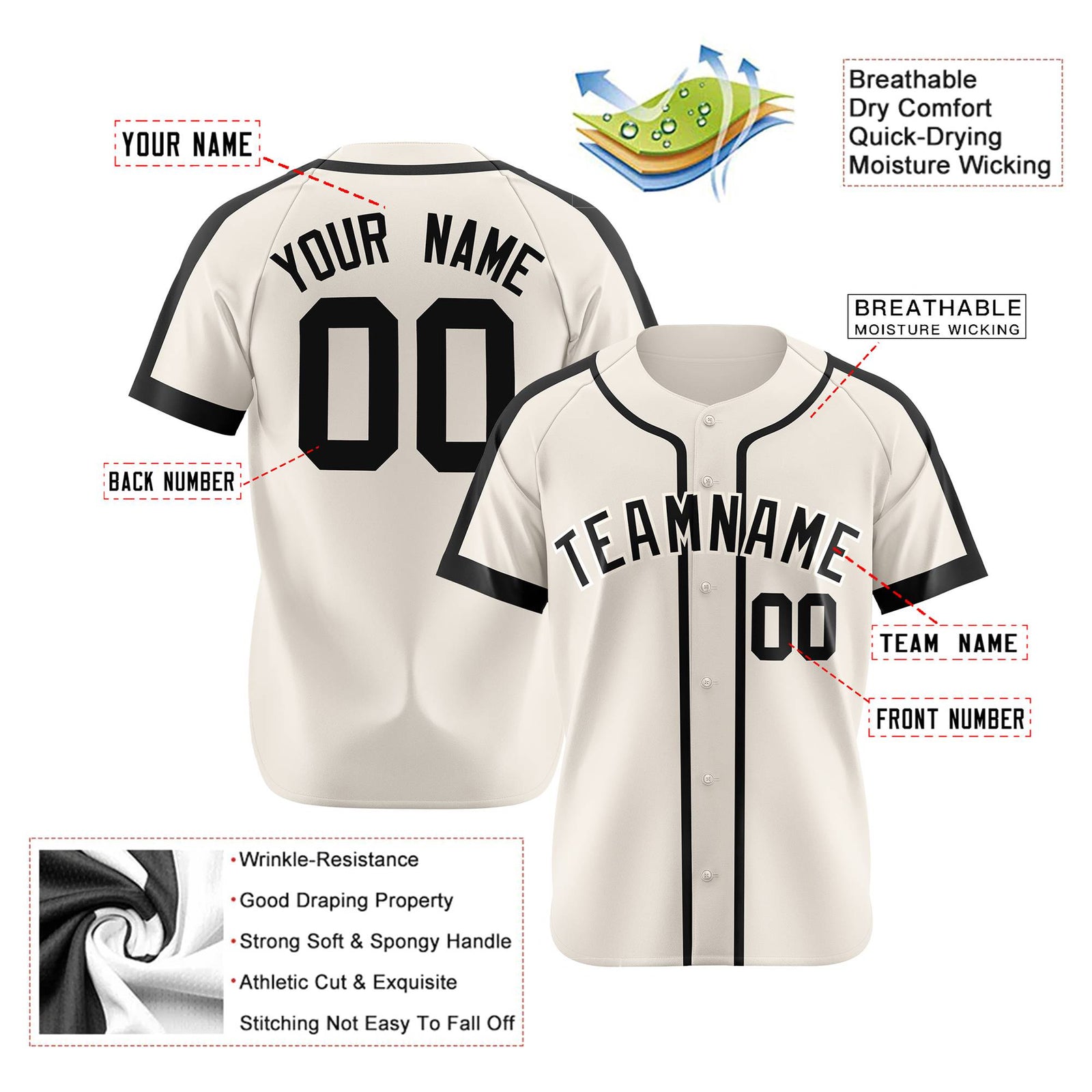 Custom Cream Black Baseball Jersey