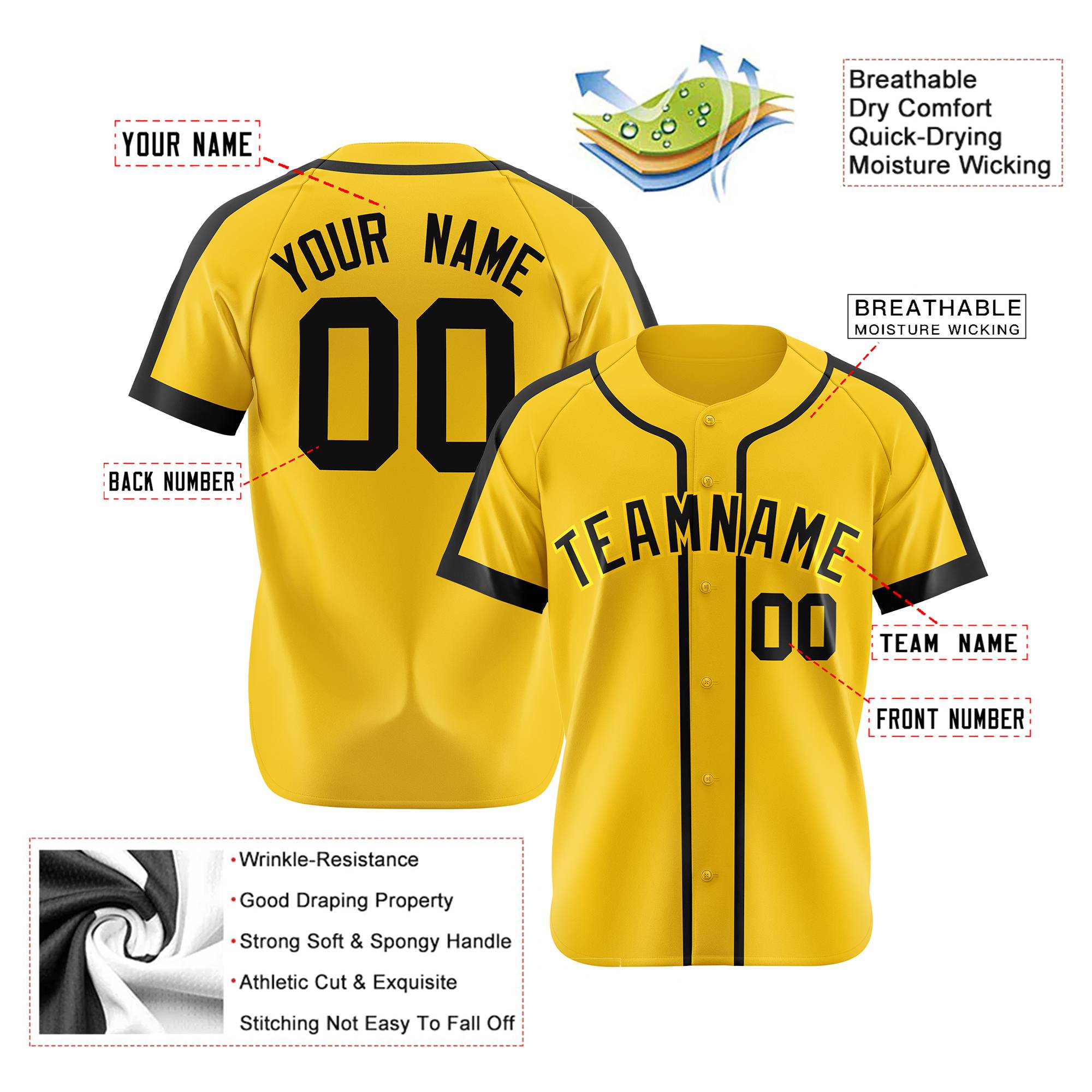 Custom Yellow Black Baseball Jersey