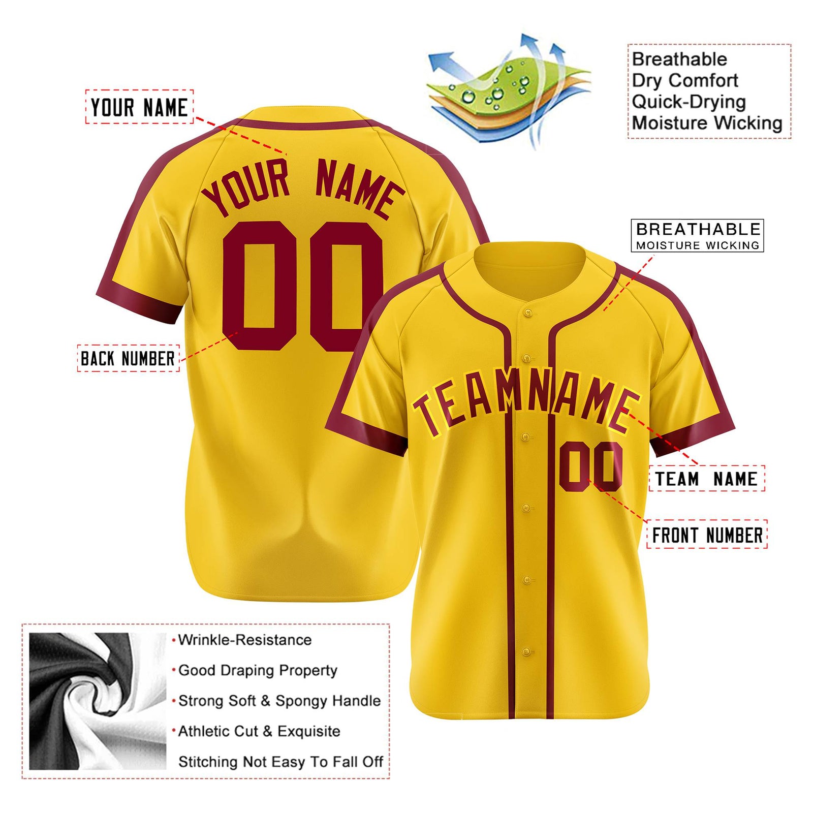 Custom Yellow Crimson Baseball Jersey