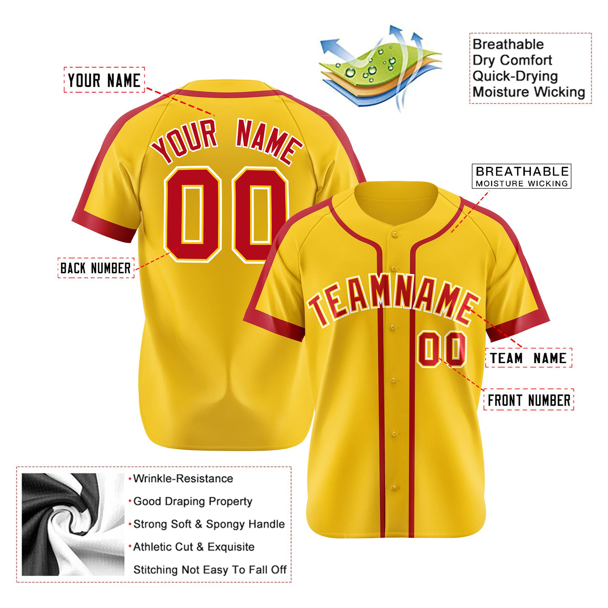 Custom Yellow Red White Baseball Jersey