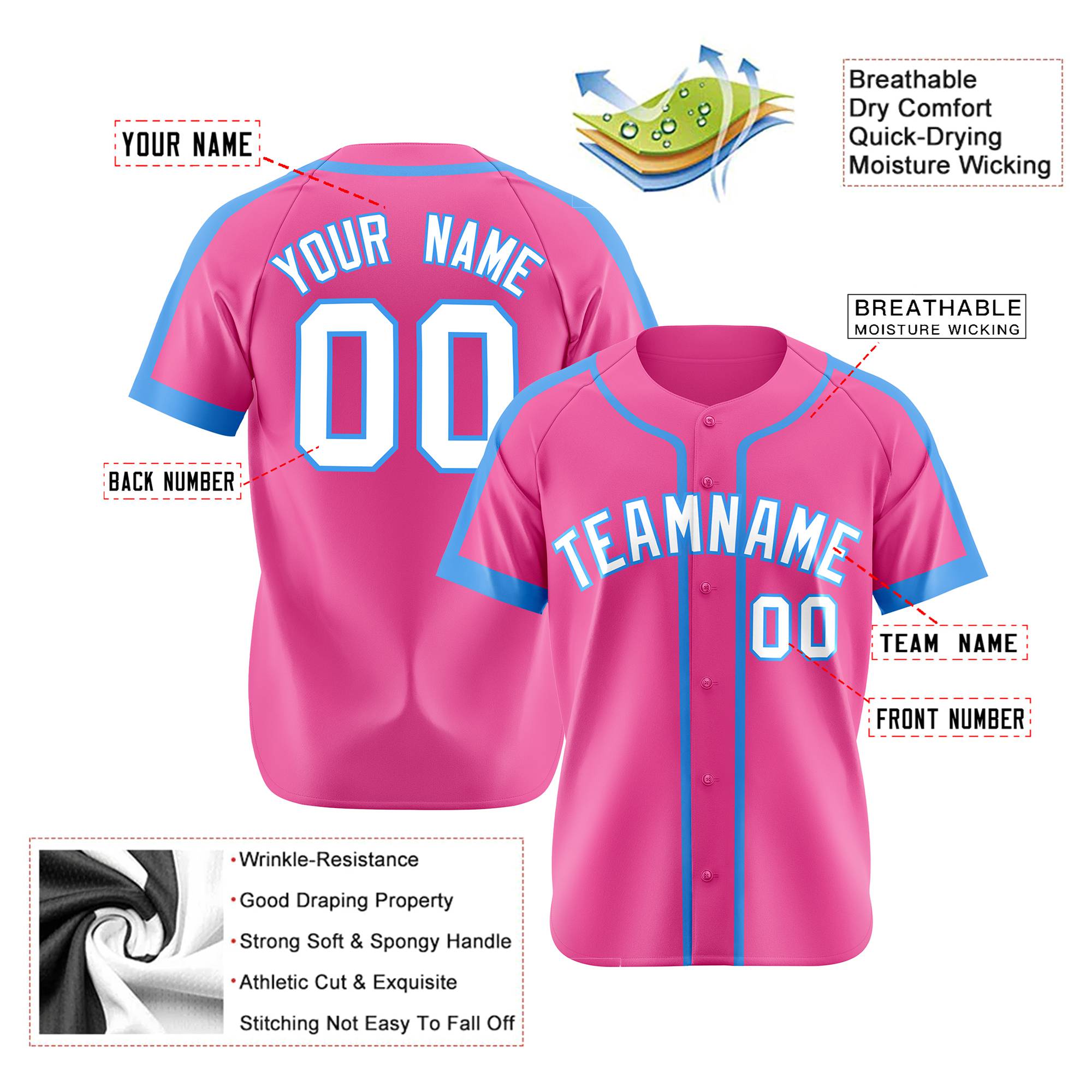 Custom Pink Bule White Baseball Jersey