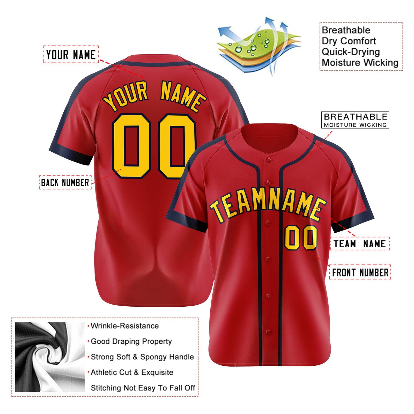 Custom Red Yellow Navy Baseball Jersey