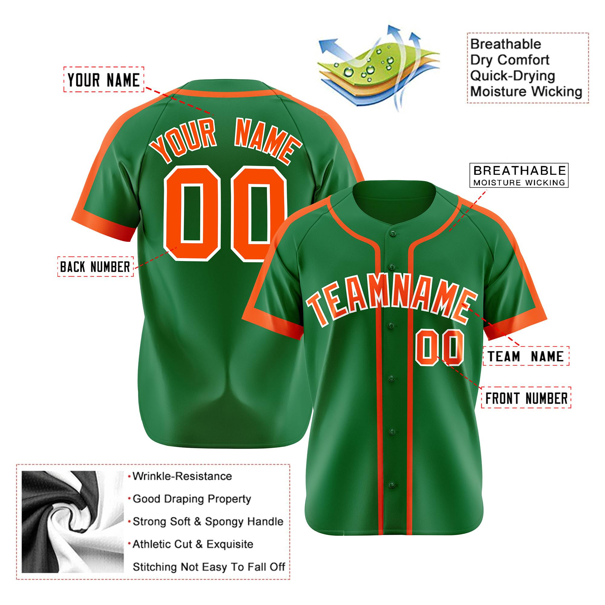 Custom Kelly Green Orange White Baseball Jersey