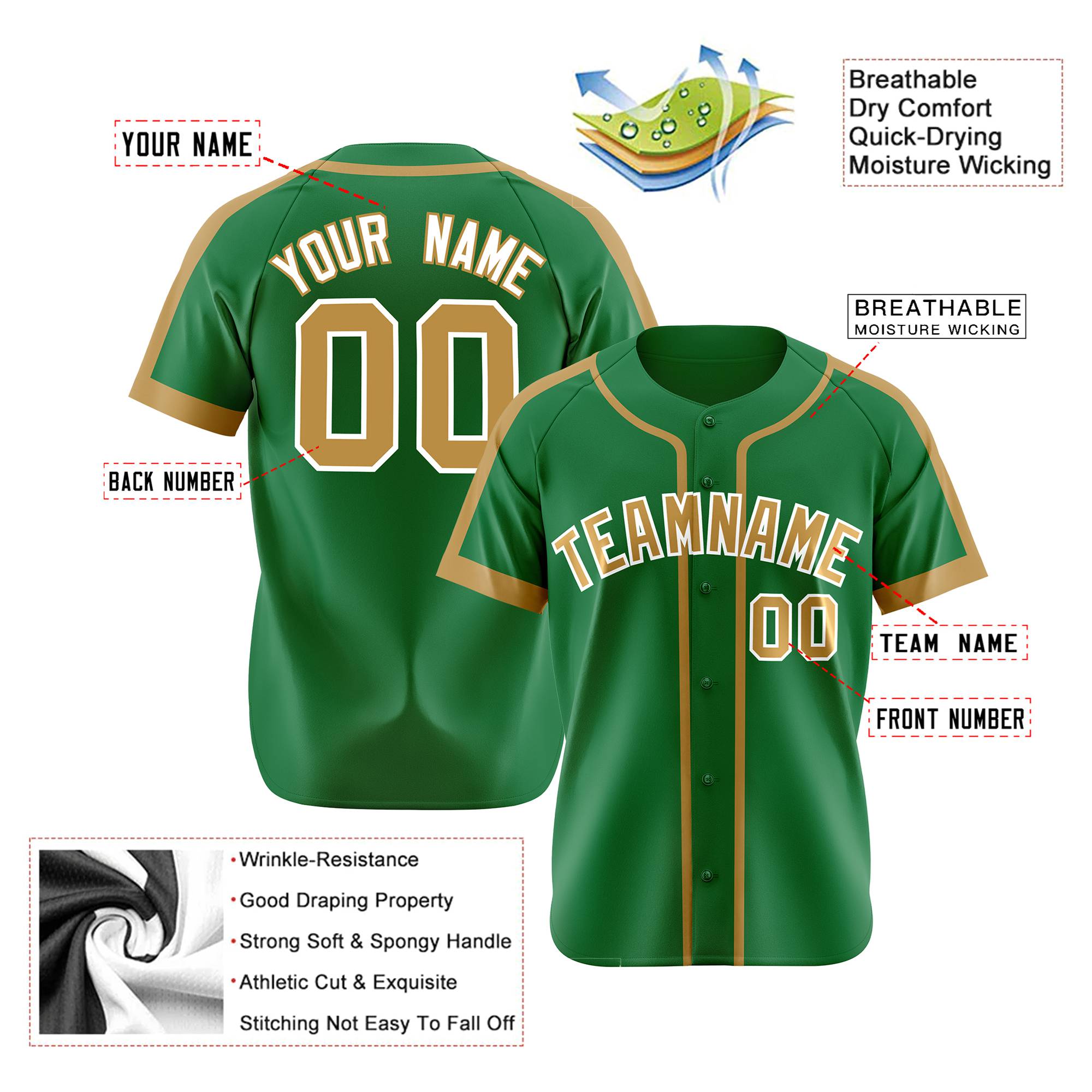 Custom Kelly Green Old Gold White Baseball Jersey