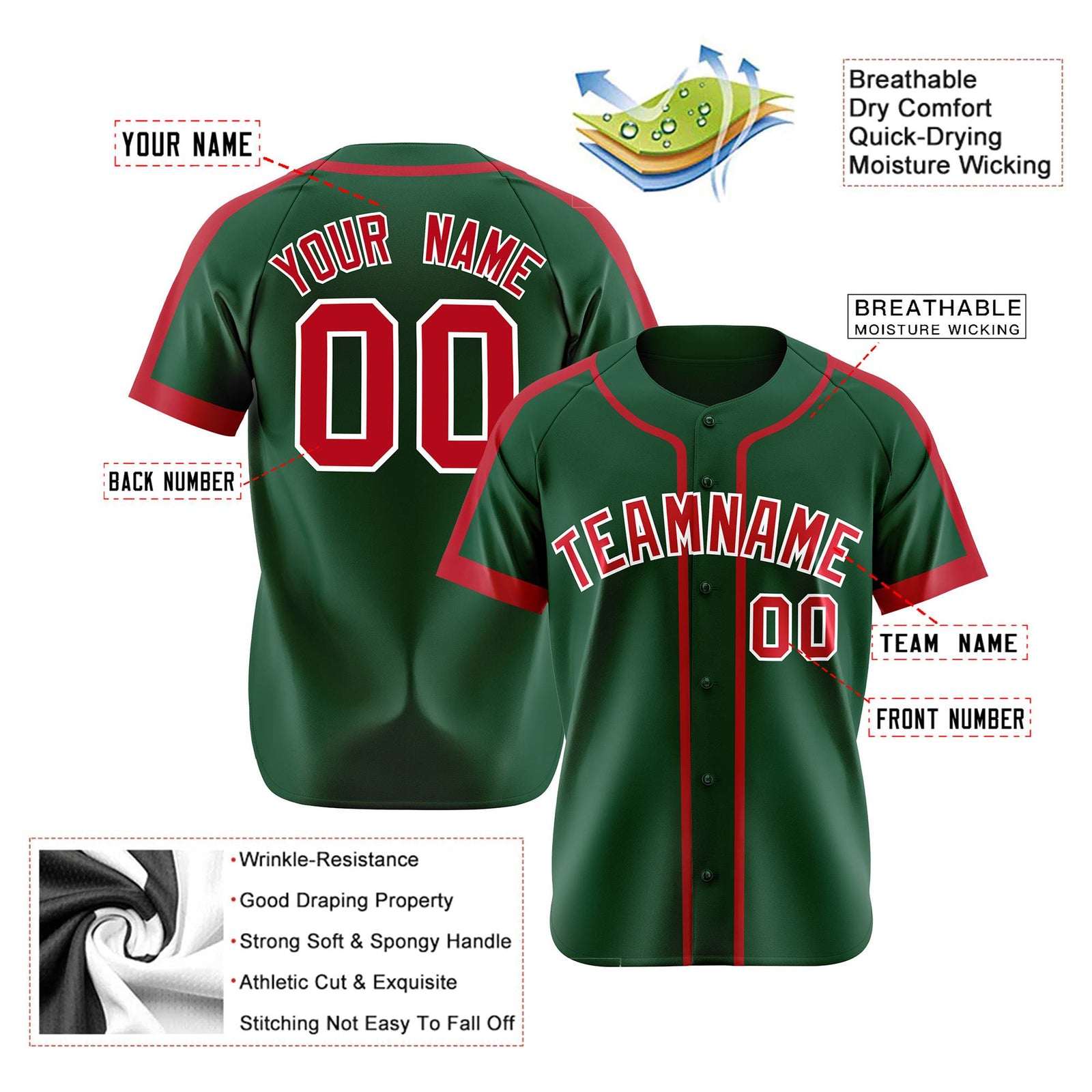 Custom Green Red White Baseball Jersey