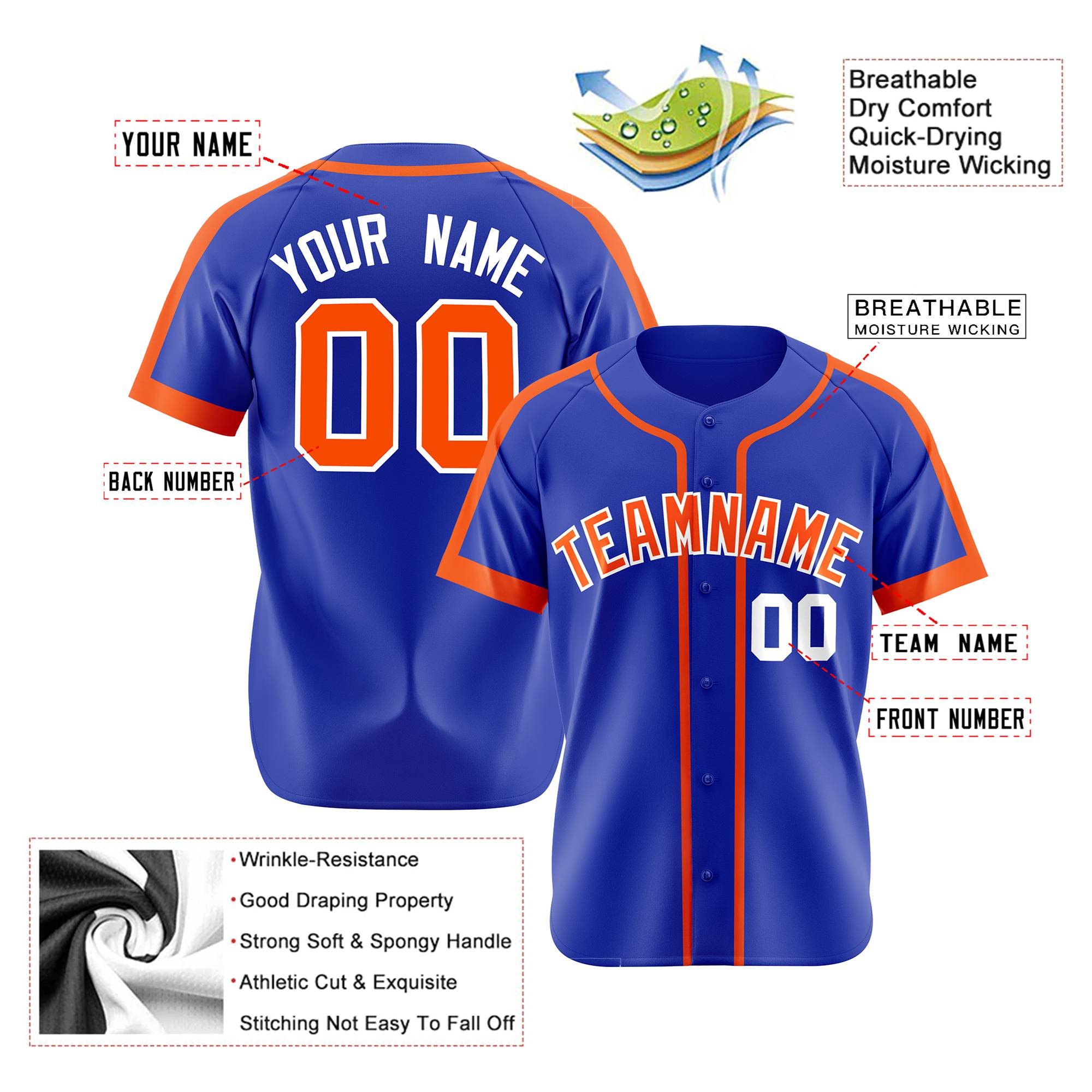 Custom Royal Blue Orange White Baseball Jersey