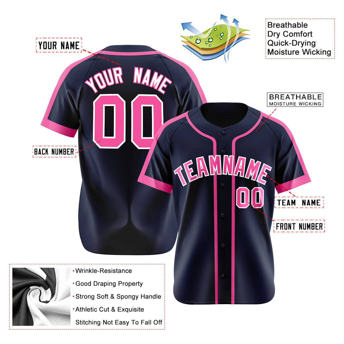 Custom Navy Pink White Baseball Jersey