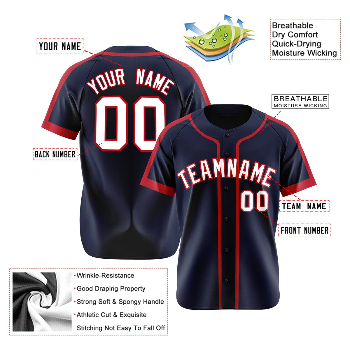 Custom Navy Red White Baseball Jersey