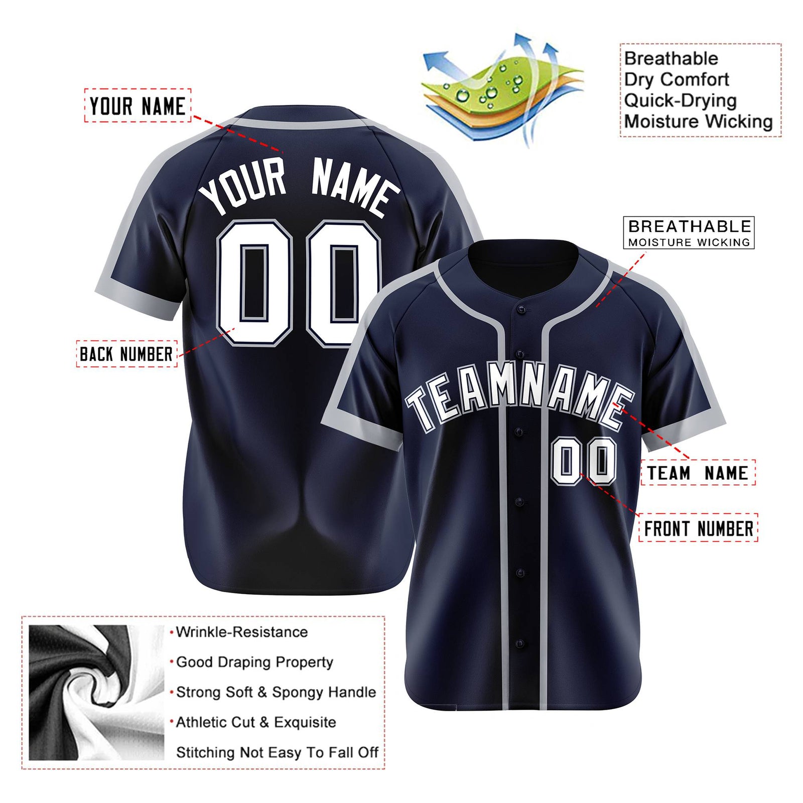Custom Navy Gray White Baseball Jersey
