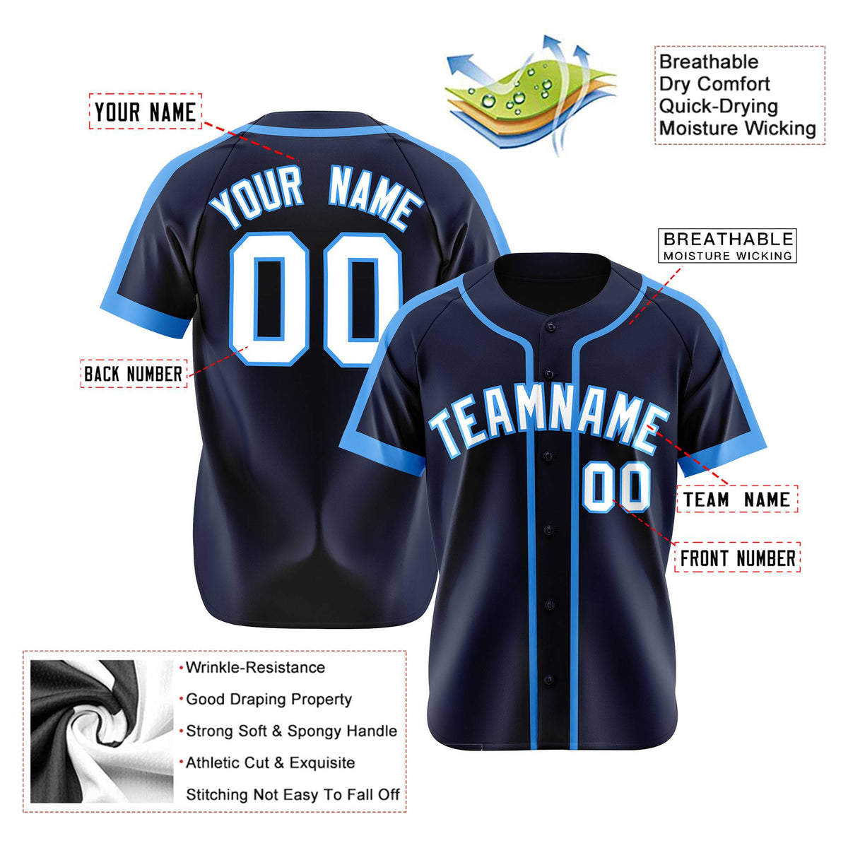 Custom Navy Light Bule White Baseball Jersey