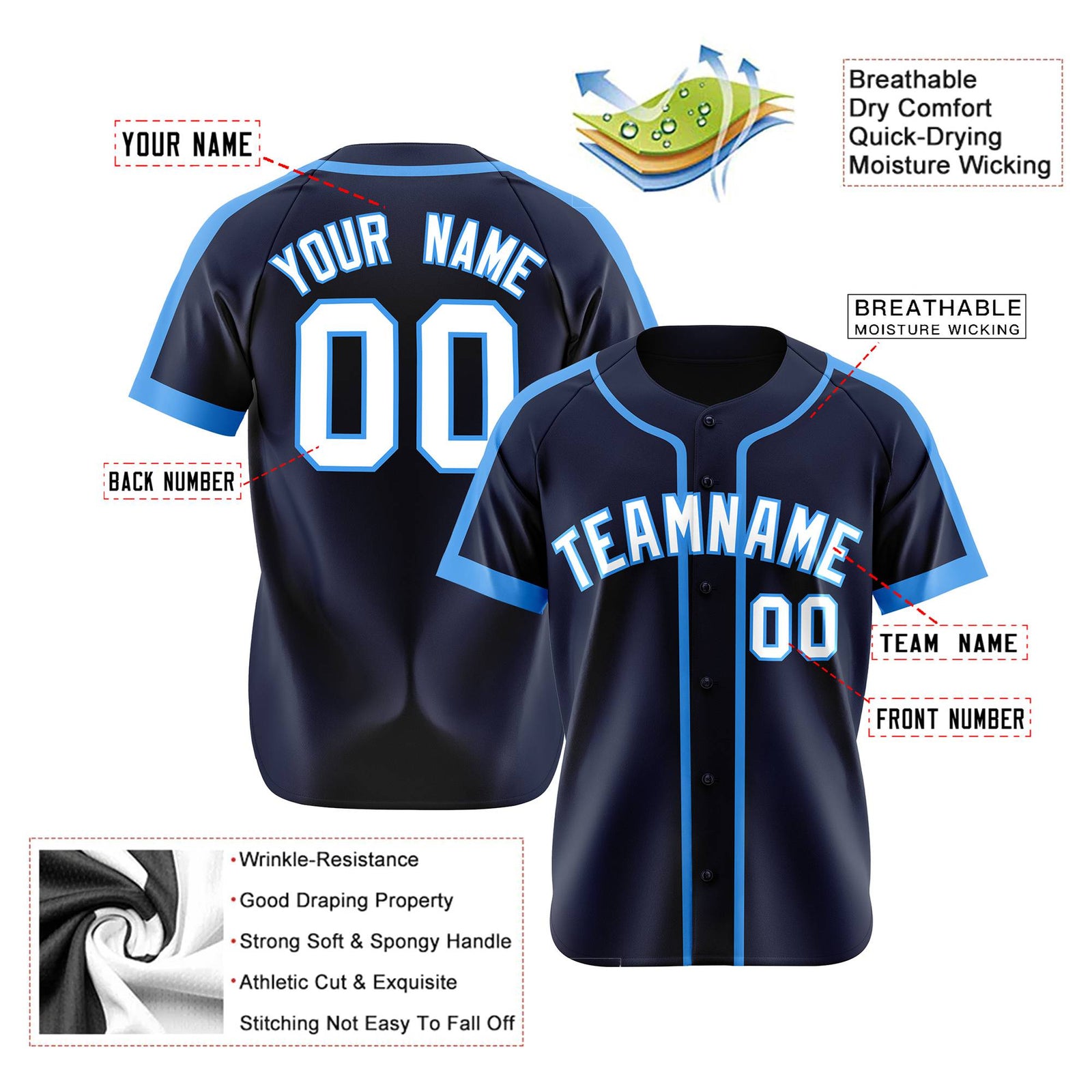 Custom Navy Light Bule White Baseball Jersey