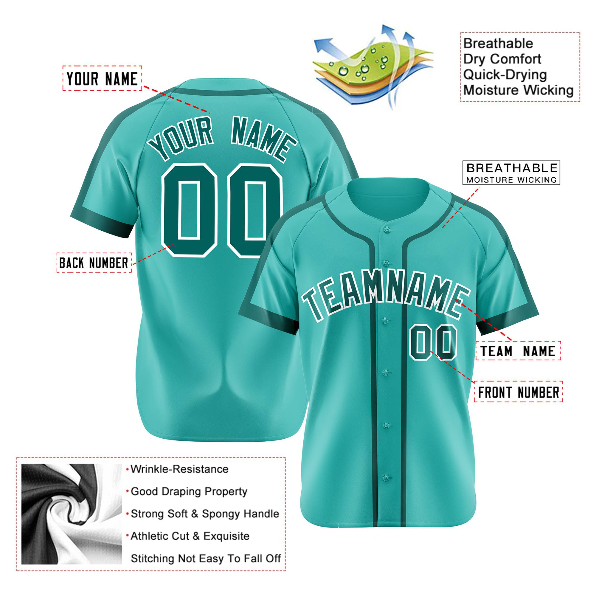 Custom Bright Green Aqua White Baseball Jersey