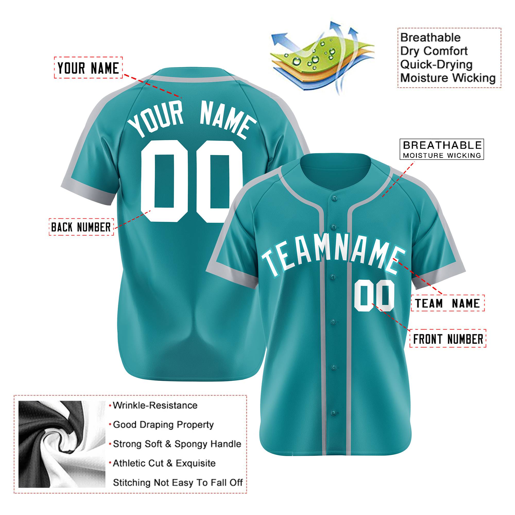 Custom Aqua Gray White Baseball Jersey