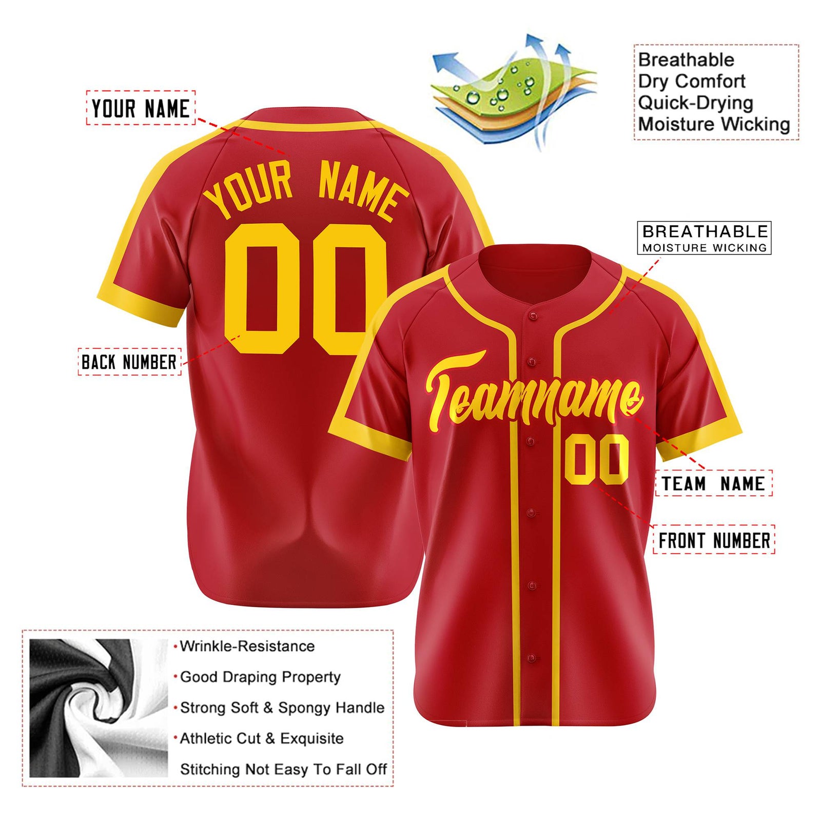 Custom Red Gold Baseball Jersey