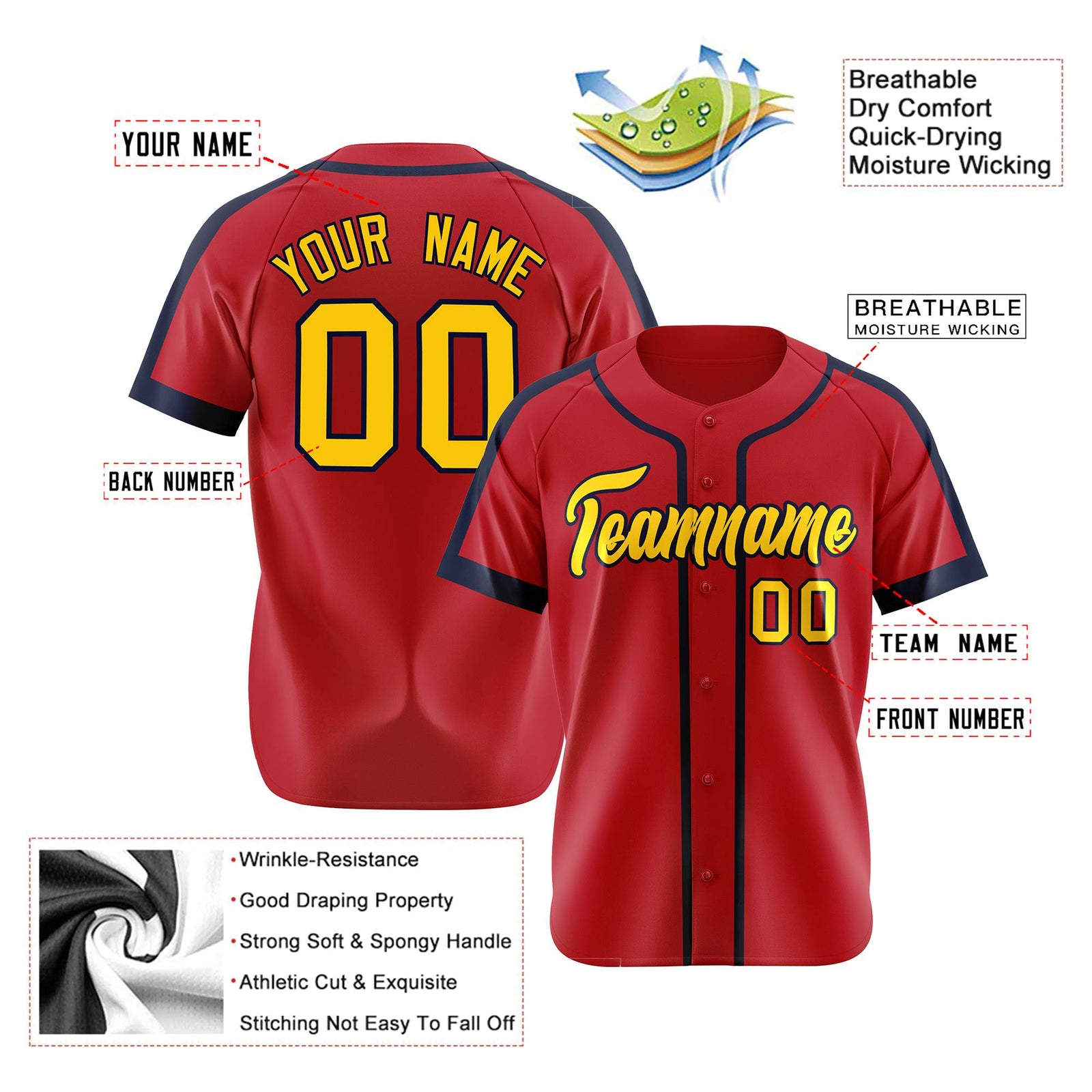 Custom Red Yellow Navy Baseball Jersey