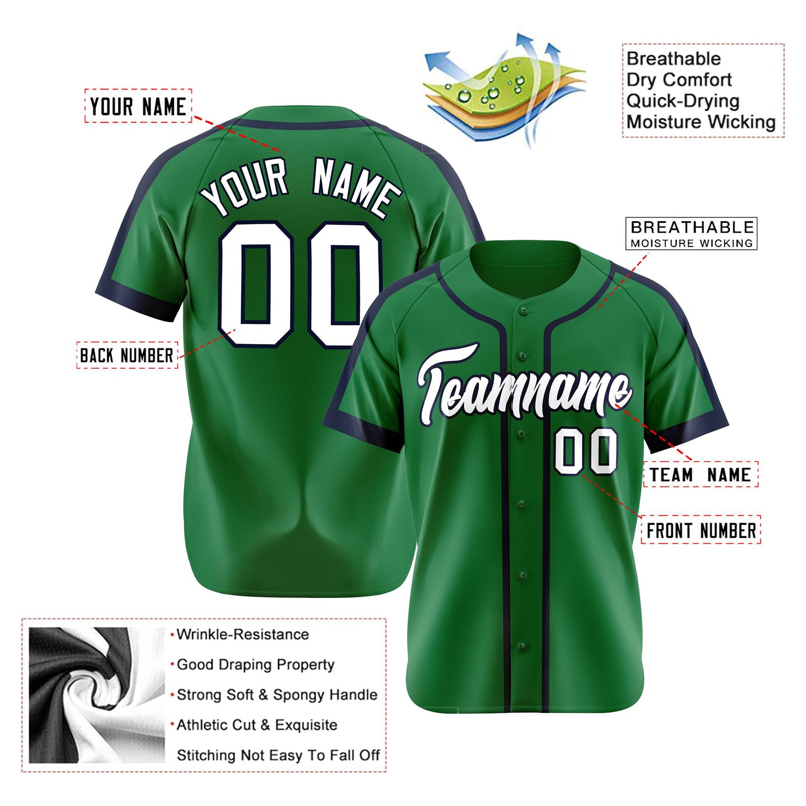 Custom Kelly Green Navy White Baseball Jersey