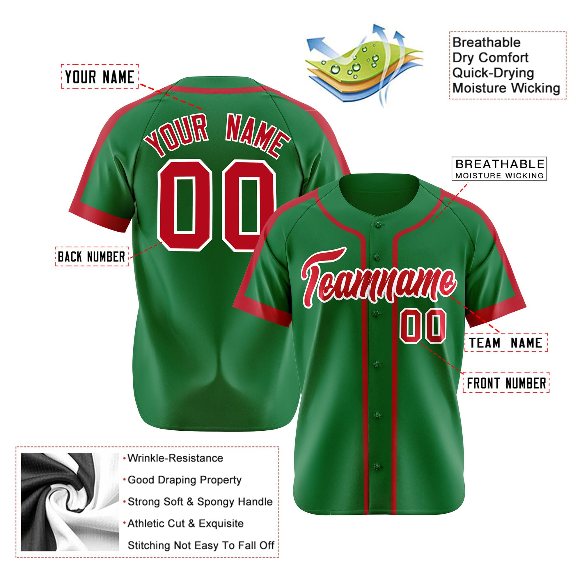 Custom Kelly Green Red White Baseball Jersey