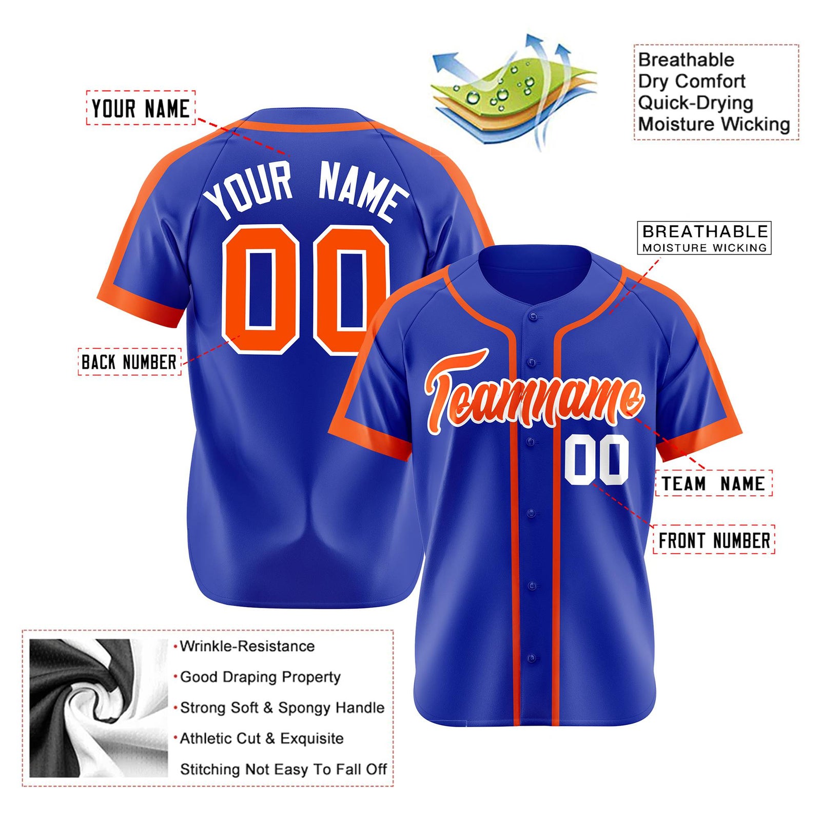 Custom Royal Blue Orange White Baseball Jersey