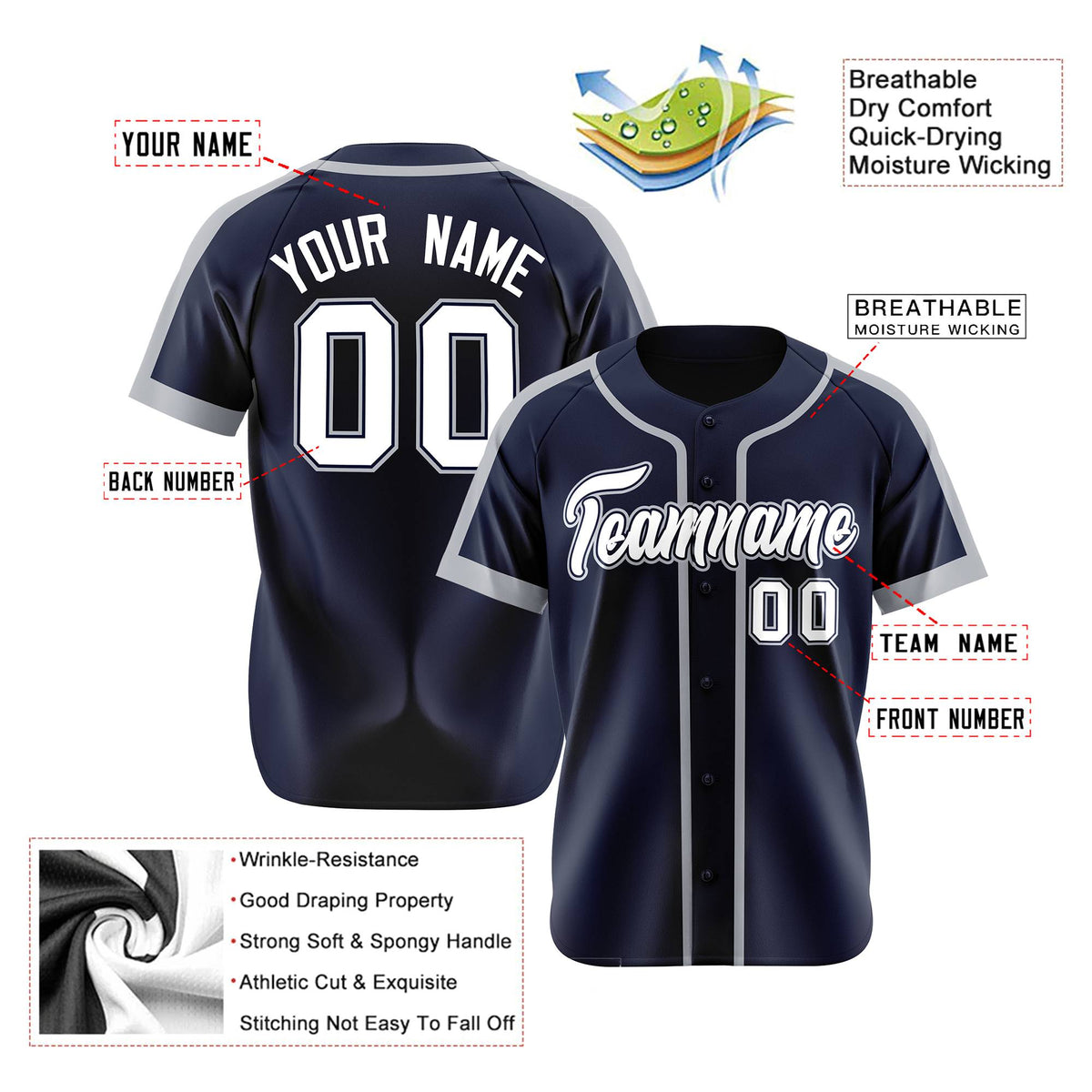 Custom Navy Gray White Baseball Jersey