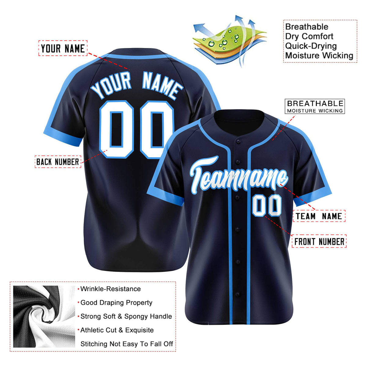 Custom Navy Light Bule White Baseball Jersey