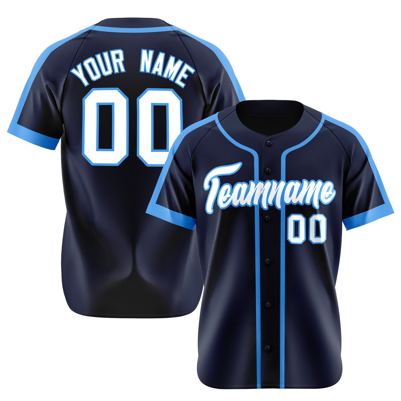 Custom Navy Light Bule White Baseball Jersey