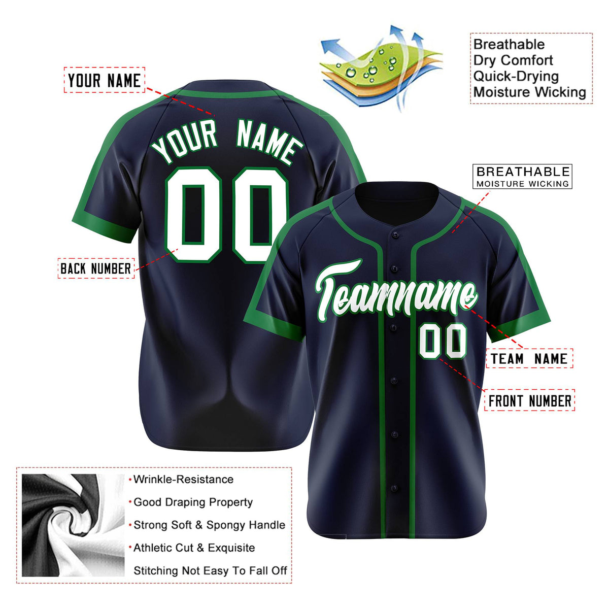Custom Navy Green White Baseball Jersey