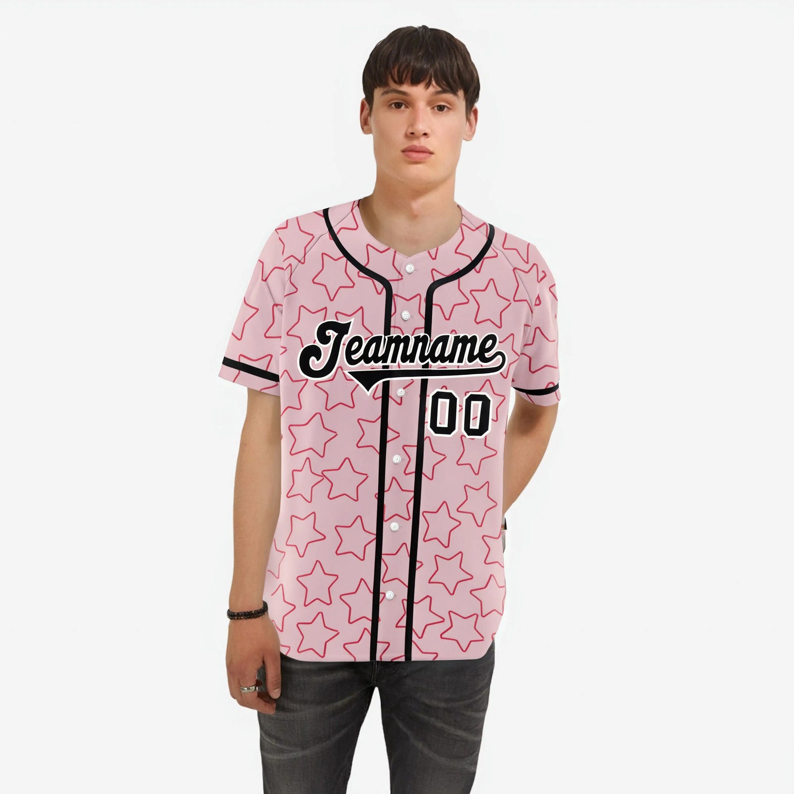 Custom Star Pink Black Baseball Jersey Button Down Shirt Personalized for Adults/Youth
