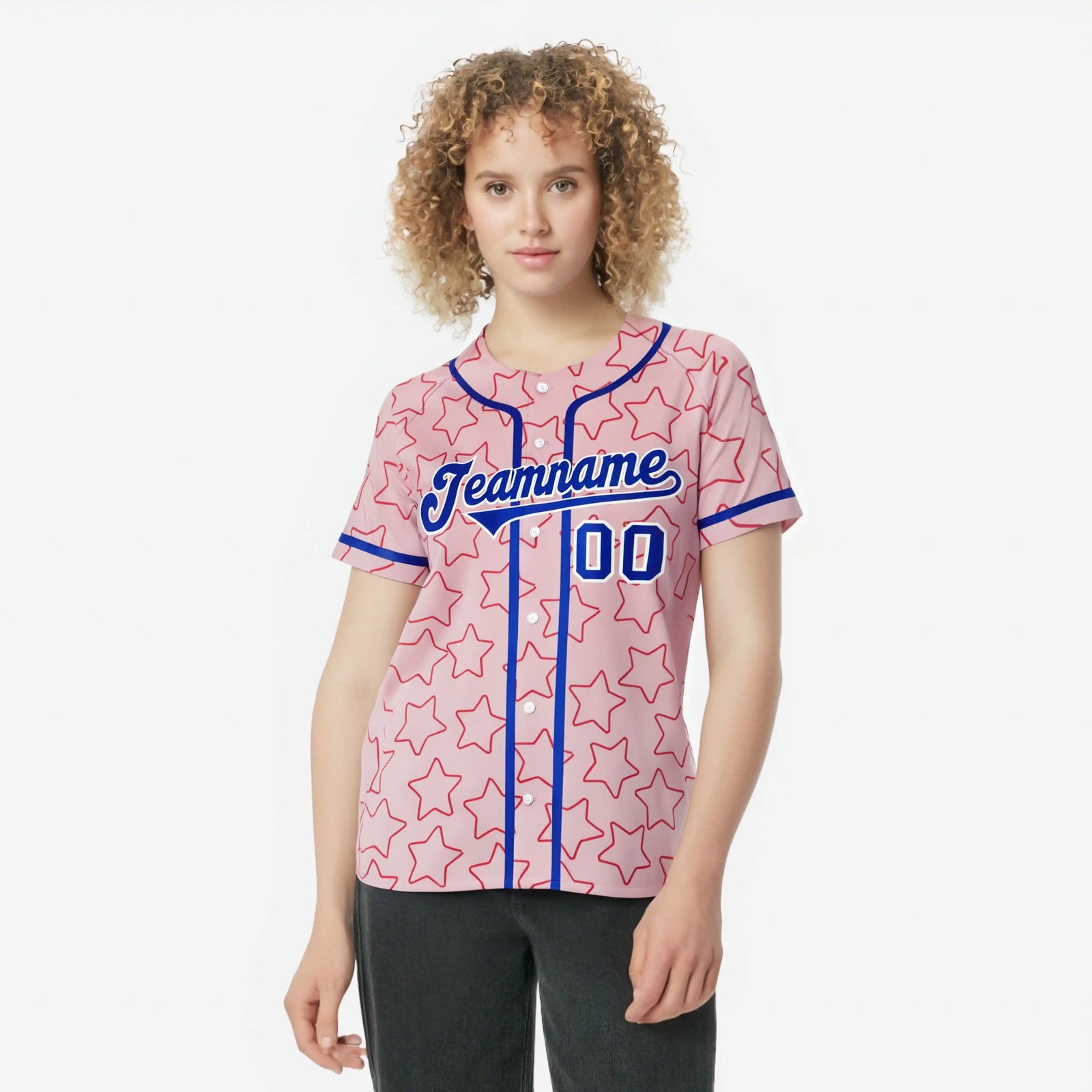 Custom Star Pink Blue Baseball Jersey Button Down Shirt Personalized for Adults/Youth