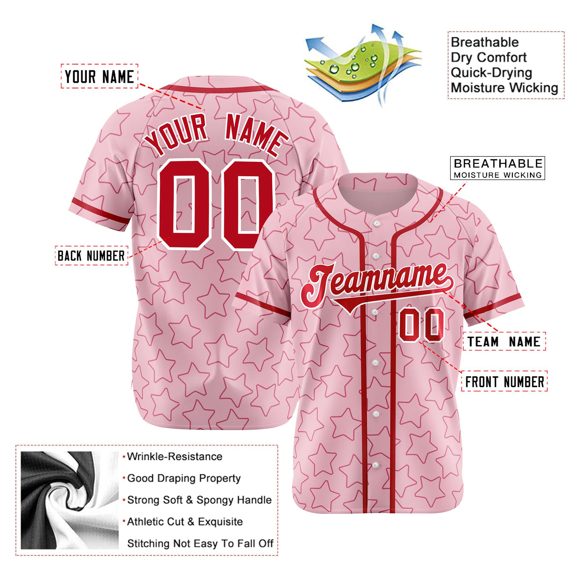 Custom Star Pink Red Baseball Jersey Button Down Shirt Personalized for Adults/Youth