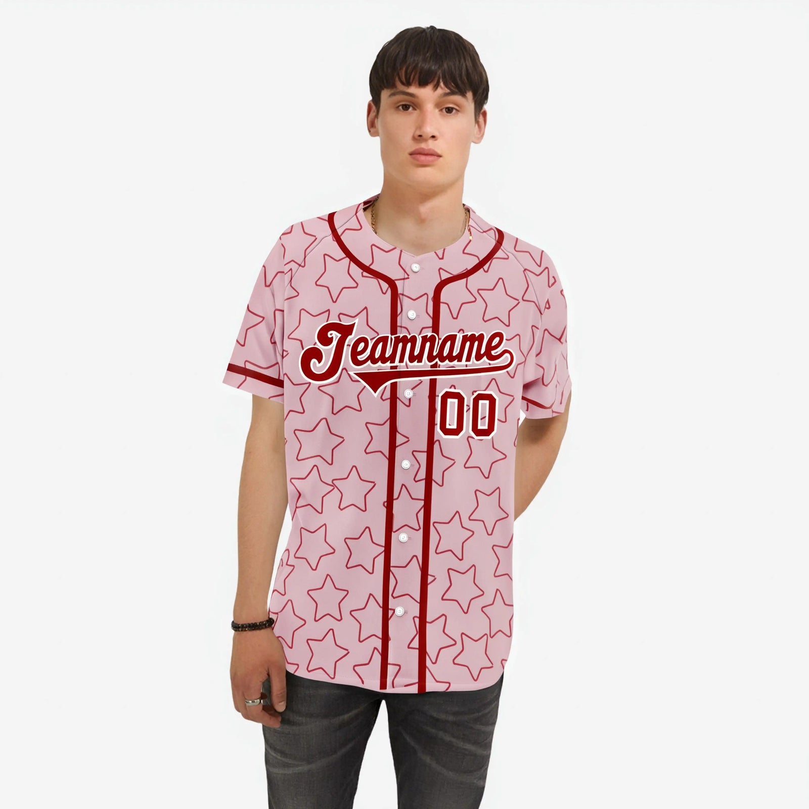 Custom Star Pink Red Baseball Jersey Button Down Shirt Personalized for Adults/Youth