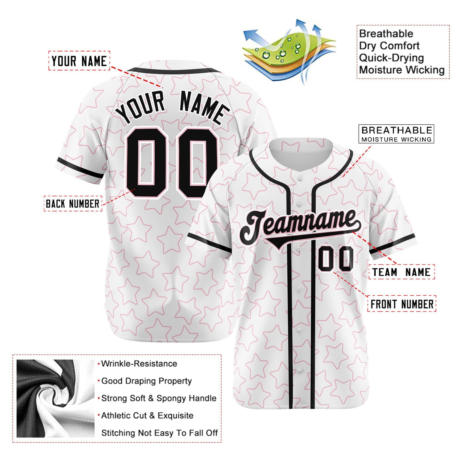 Custom Star White Black Baseball Jersey Button Down Shirt Personalized for Adults/Youth