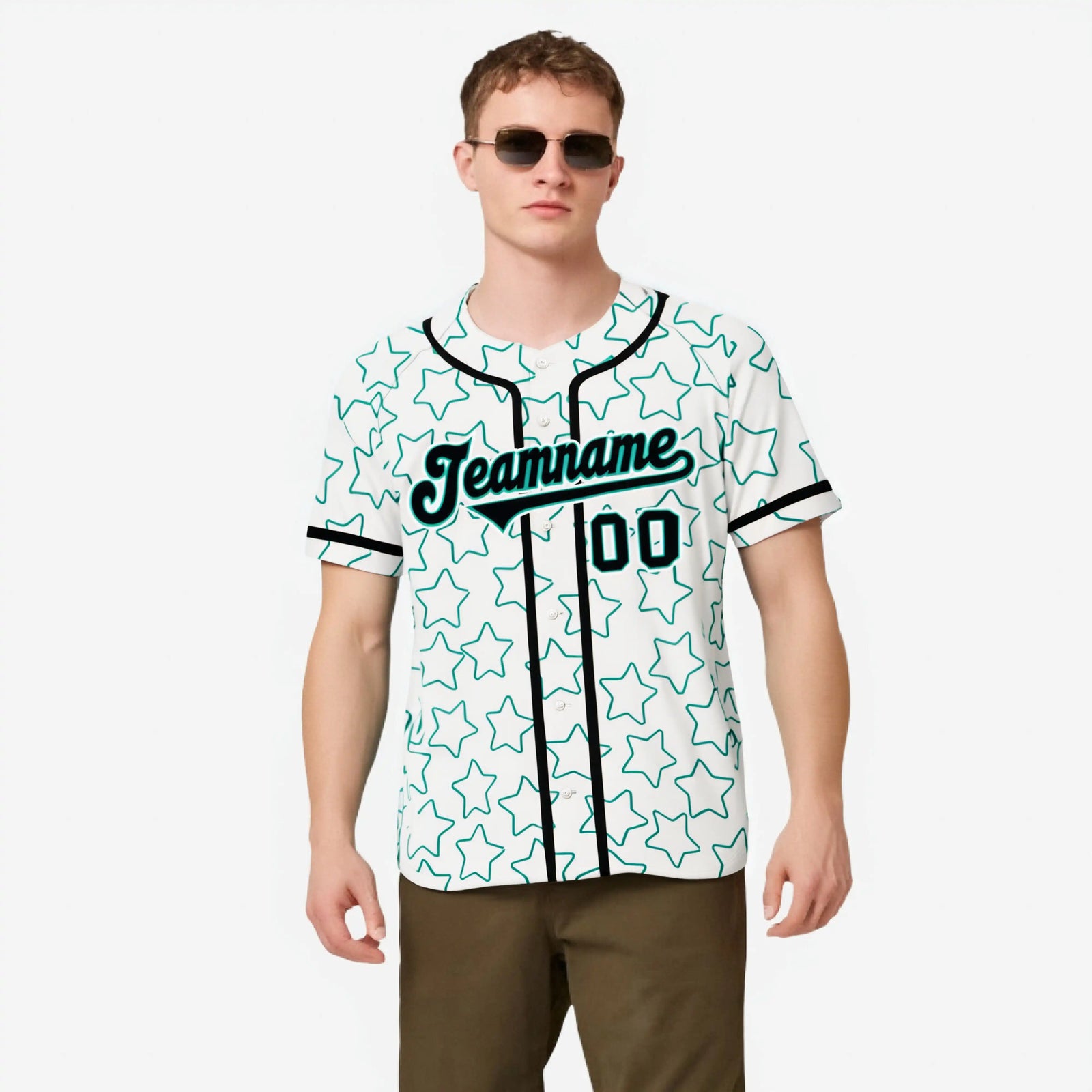 Custom Star White Teal Baseball Jersey Button Down Shirt Personalized for Adults/Youth
