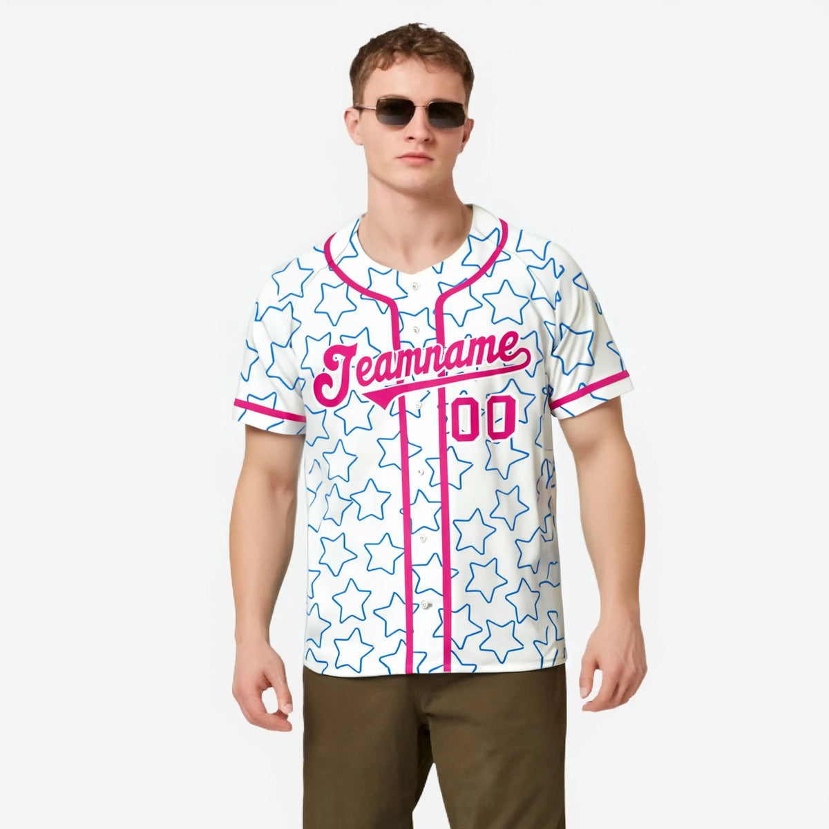 Custom Star White Pink Baseball Jersey Button Down Shirt Personalized for Adults/Youth