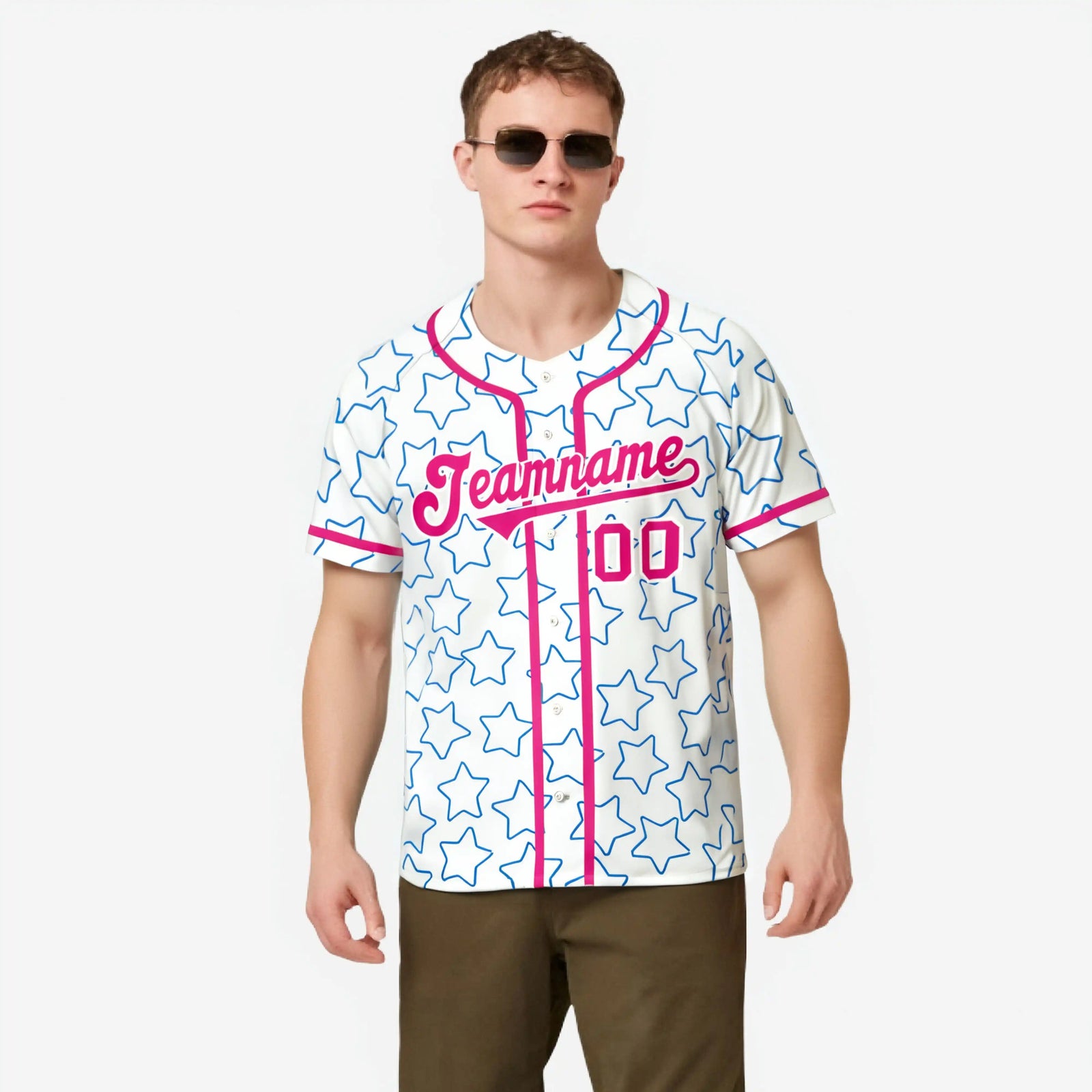 Custom Star White Pink Baseball Jersey Button Down Shirt Personalized for Adults/Youth