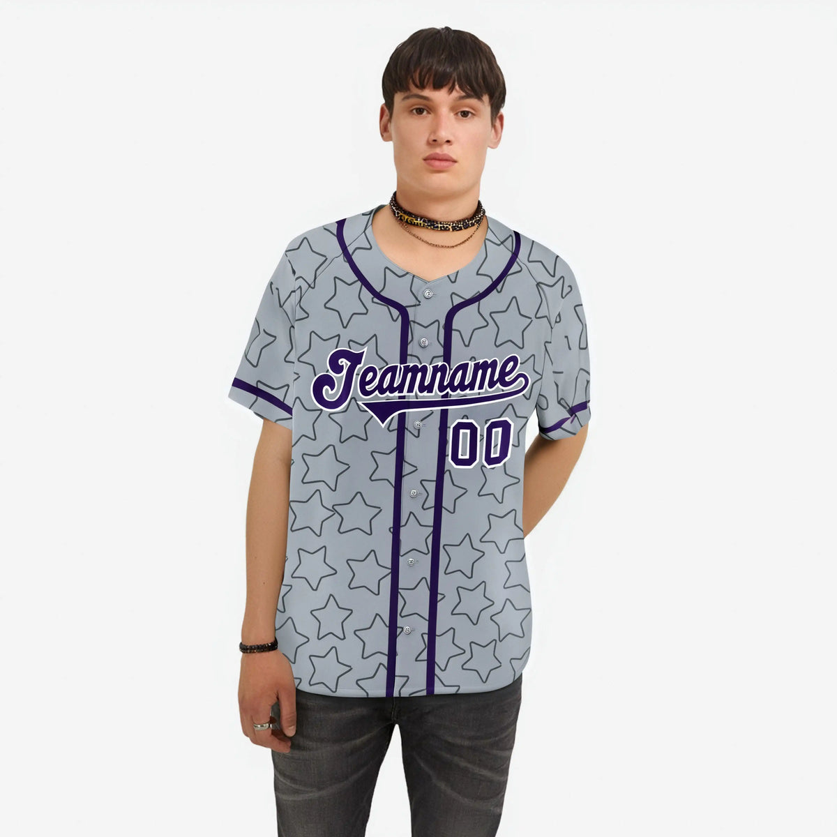 Custom Star Gray Violet Baseball Jersey Button Down Shirt Personalized for Adults/Youth