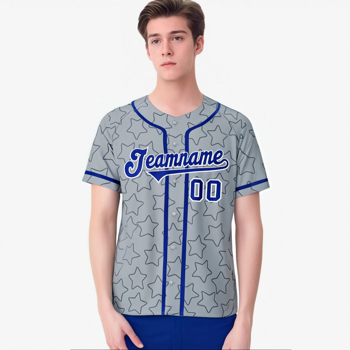 Custom Star Gray Blue Baseball Jersey Button Down Shirt Personalized for Adults/Youth