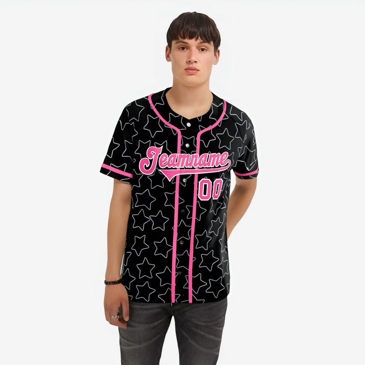 Custom Star Black Pink Baseball Jersey Button Down Shirt Personalized for Adults/Youth